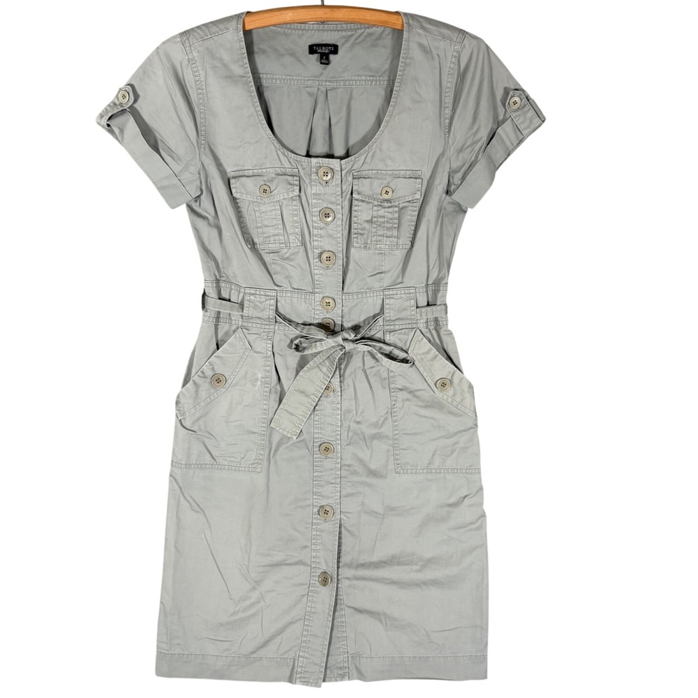 Talbots Sage Green Safari Shirt Dress Button Front Belted Utility Cotton Size 2